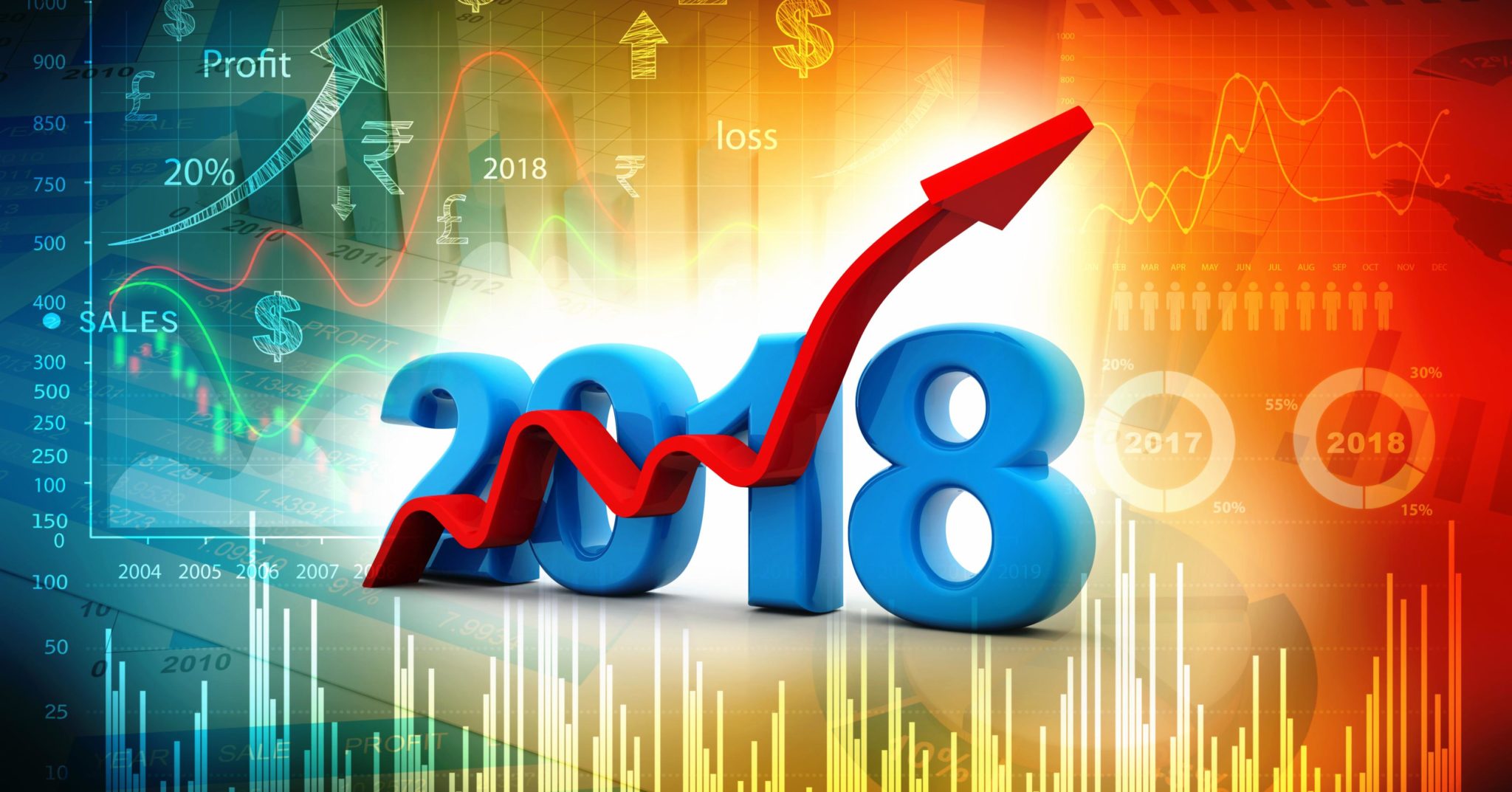 Numbers depicting the year 2018 with an upward arrow overlaid that represents business growth strategies