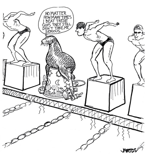 Cartoon image of seal on starting block at pool with other swimmers saying that they don't take him serious (metaphor for startup companies)