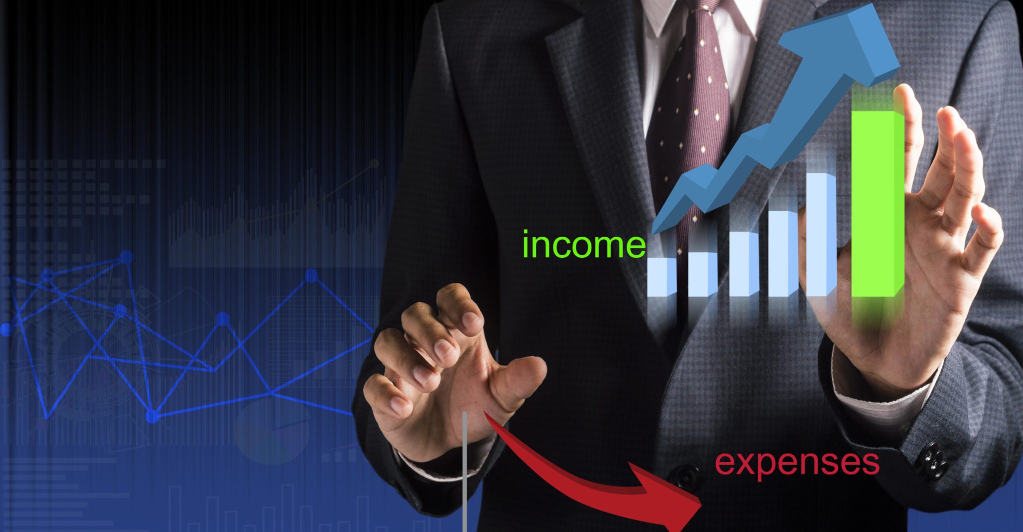 image of a man's hand hovering near an income expense graph