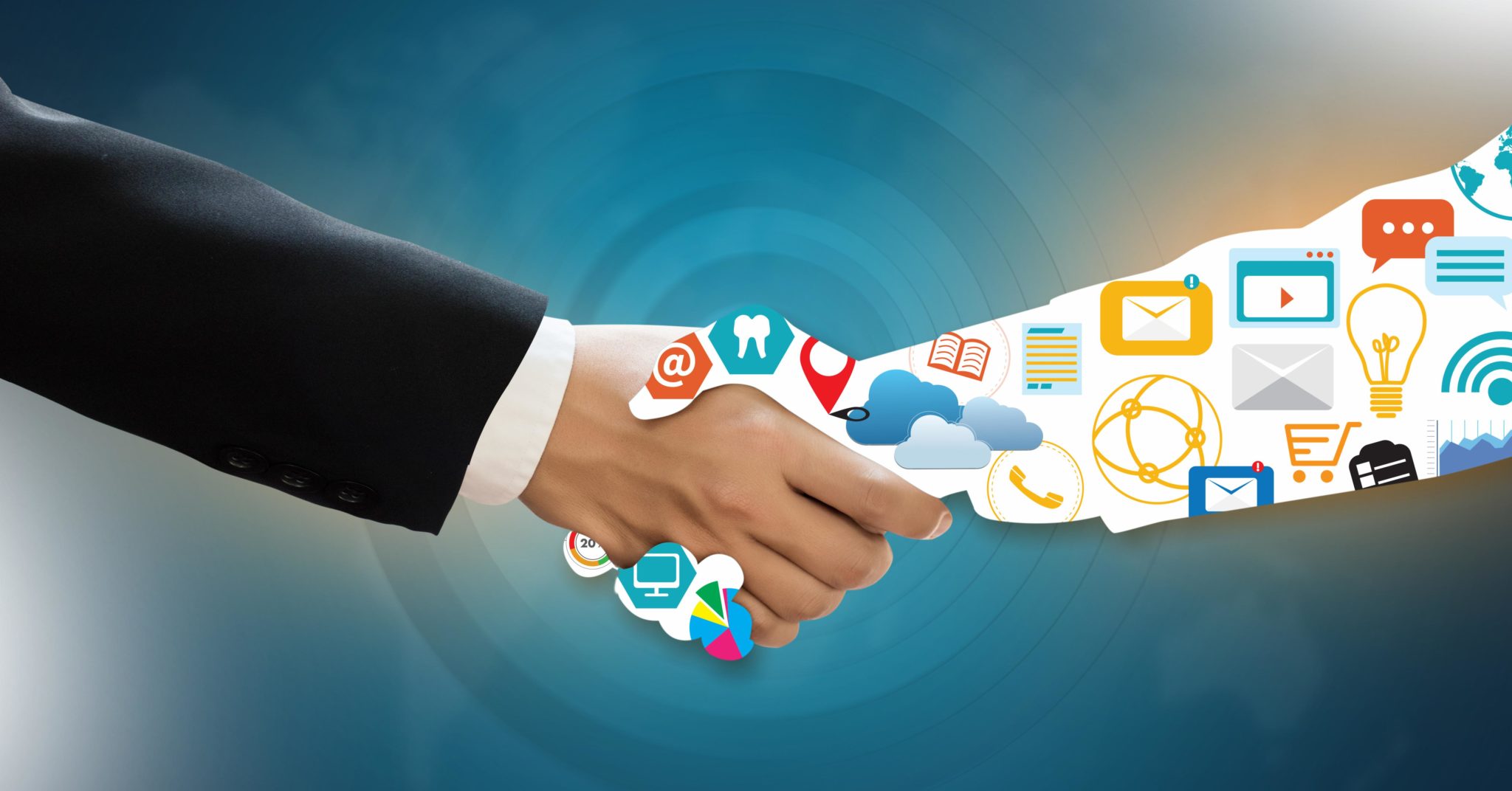 Two people shaking hands, one in a business suite and one's arm is made up of social icons and marketing tools.